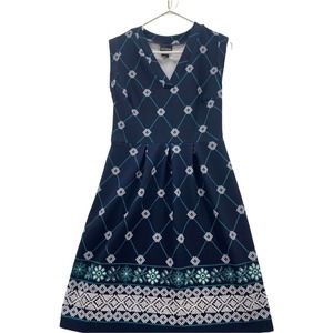 Enfocus Studio Womens Size 8 Blue Print Sleeveless Midi Pullover V Neck Dress